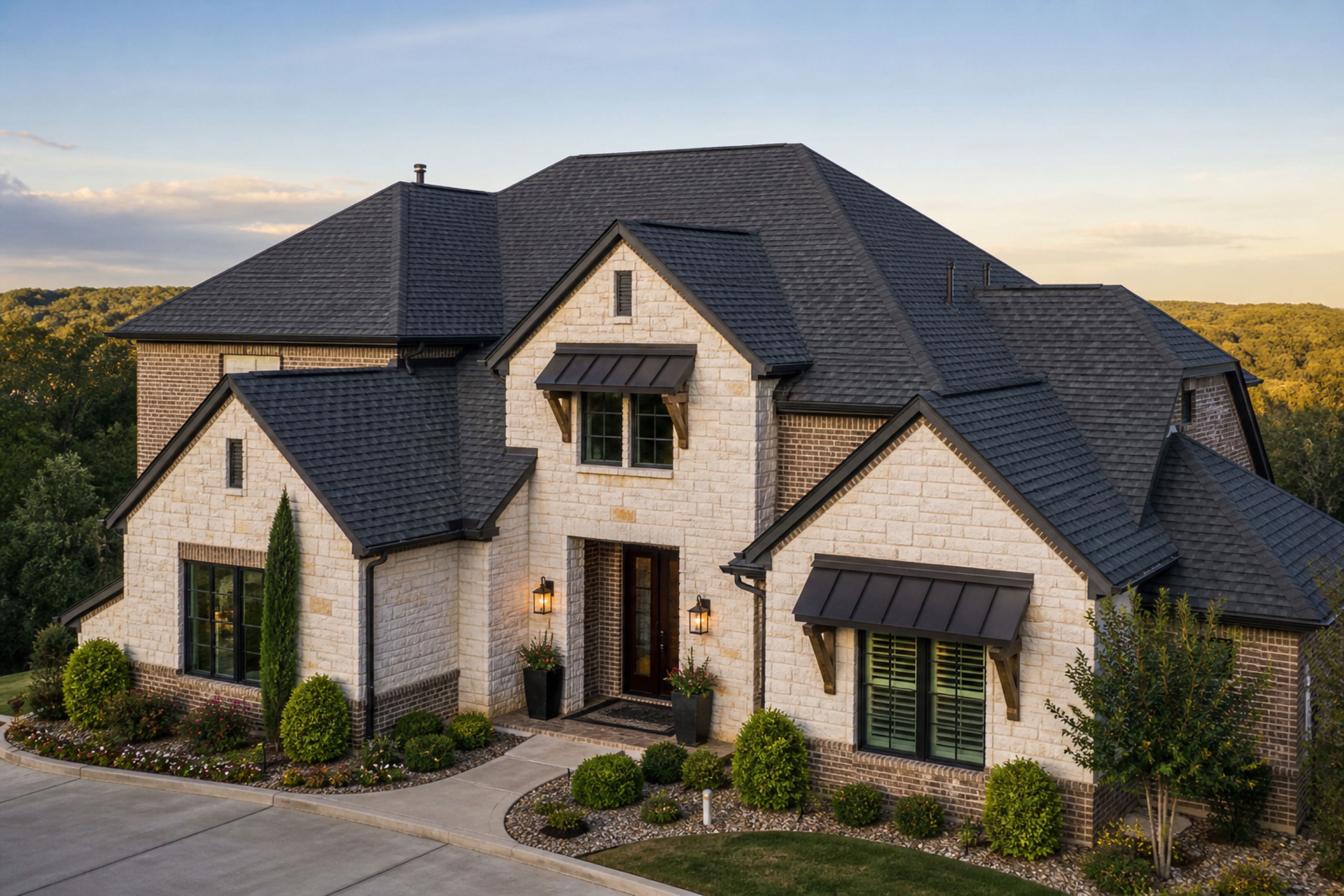 High-resolution view of a completed architectural shingle roof on a Texas home