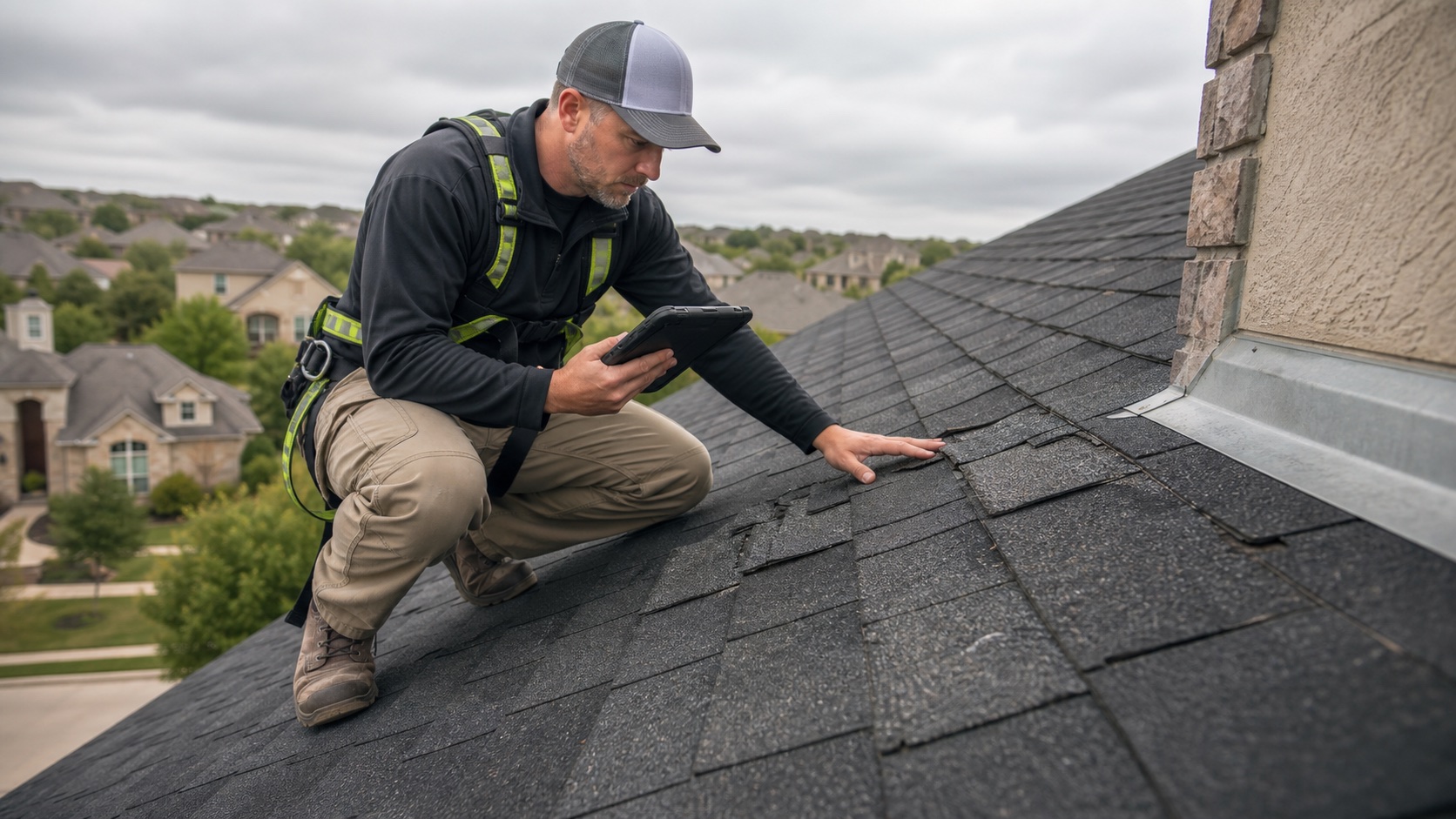 Roofing specialist inspecting storm damage on a Texas home