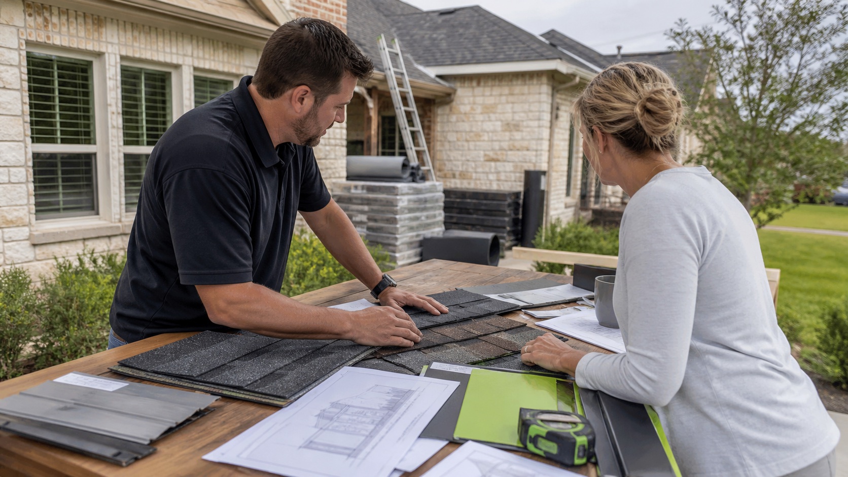 Roofing consultant and homeowner reviewing storm-restoration materials