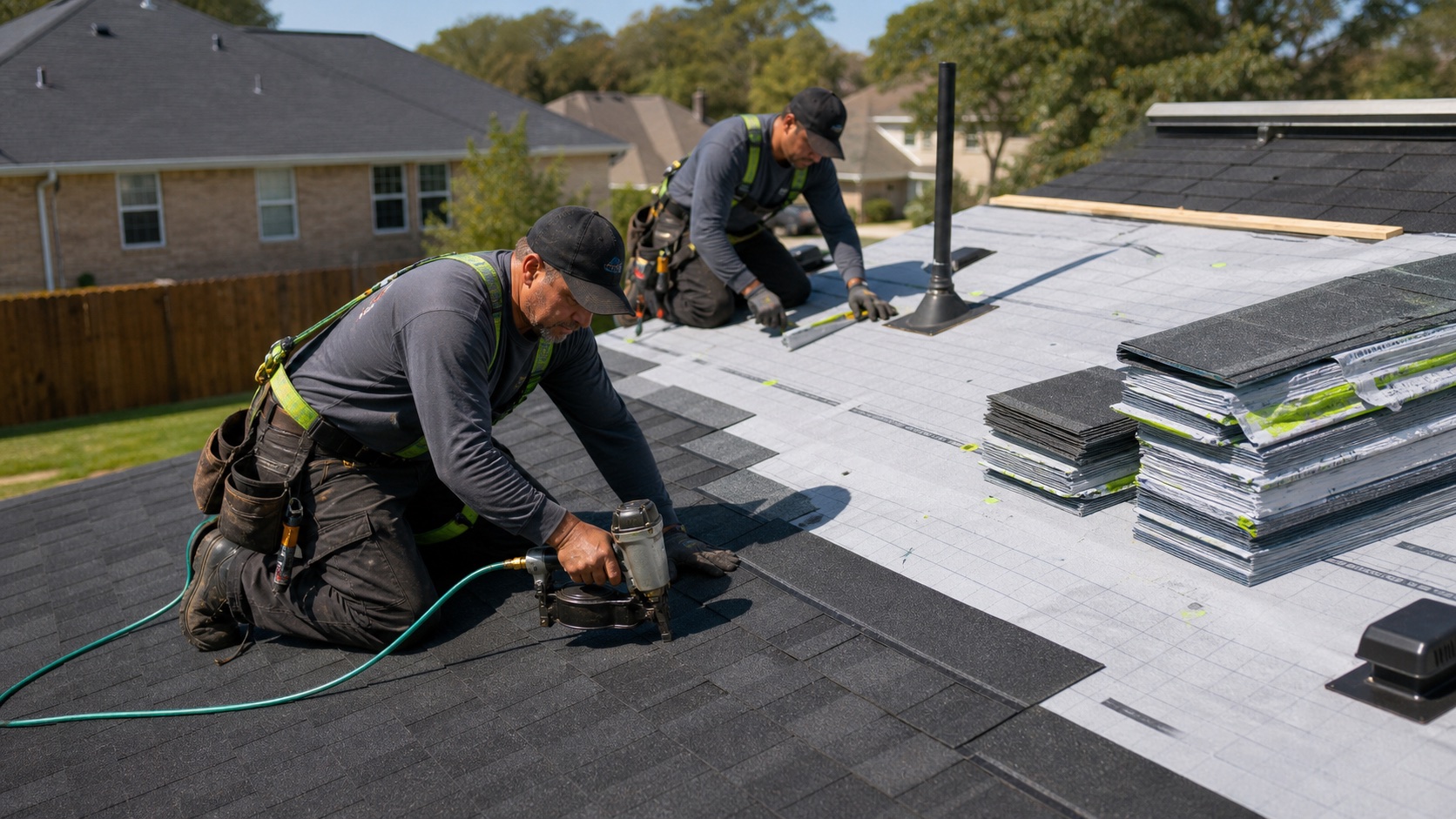 Roofing crew restoring a residential roof system